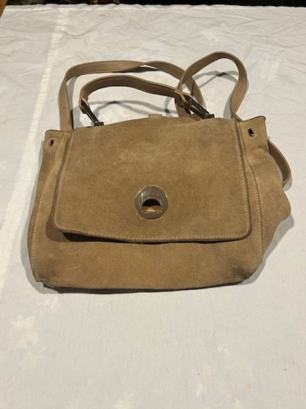 Moda Luxe Tan Suede Leather Convertible Backpack Handbag Gold Tone Accents